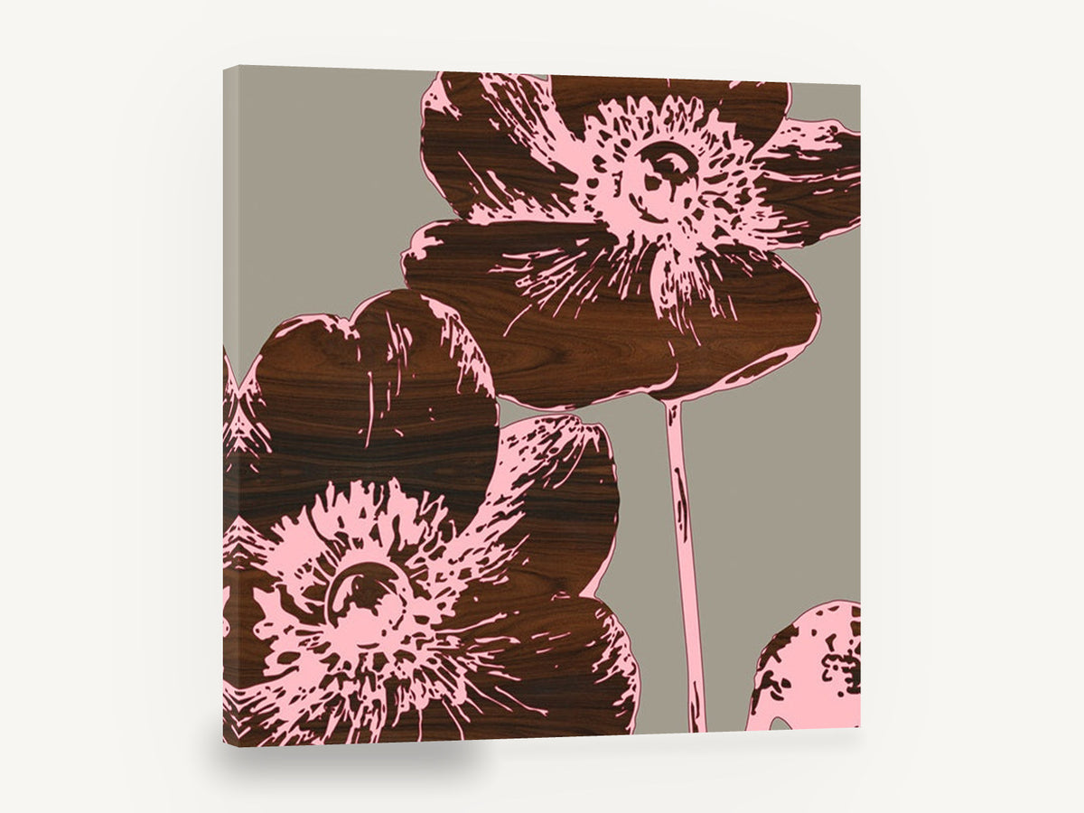 Walnut Anemone Duo, pink anemone wood grain floral, floral canvas wall art print ready to hang