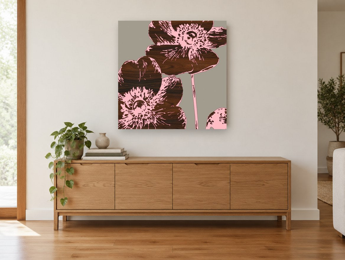 Walnut Anemone Duo floral canvas print on the wall of a living room above a sideboard