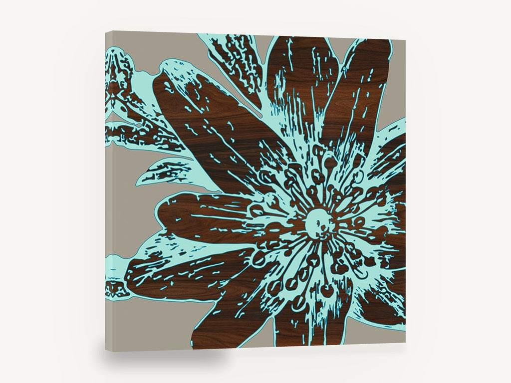Aqua Fringed Starburst, aqua and walnut wood grain flower, floral canvas wall art print ready to hang