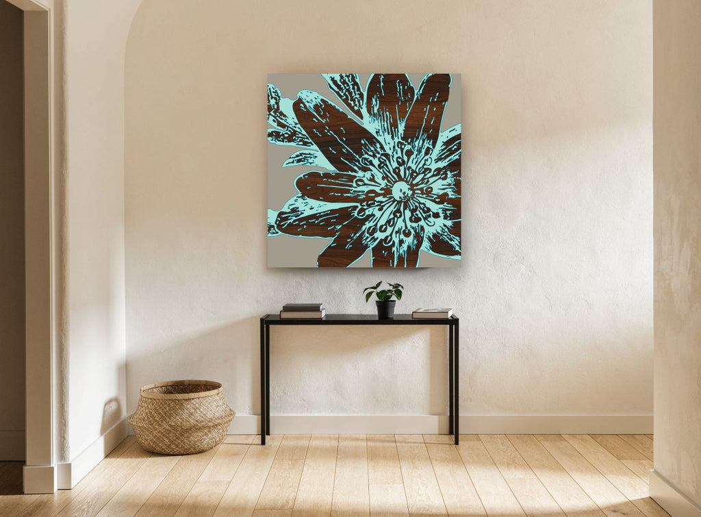 Aqua Fringed Starburst floral canvas print on the wall of a hallway