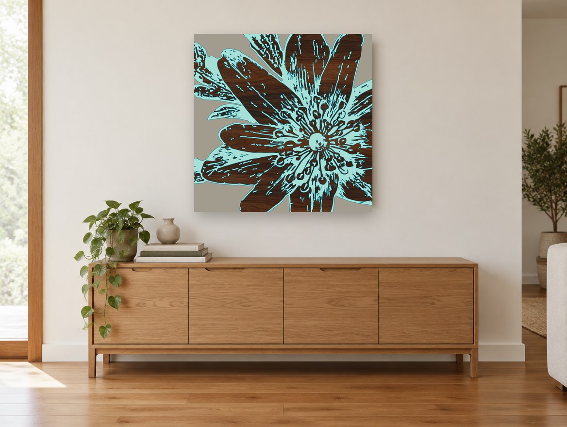 Aqua Fringed Starburst floral canvas print on the wall of a living room above a sideboard