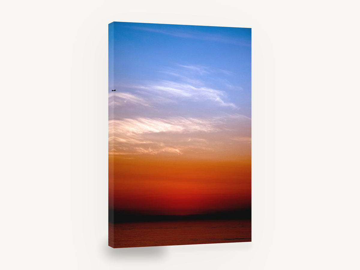 Lone Bird Dusk, red orange sunset sky photograph, coastal canvas wall art print ready to hang