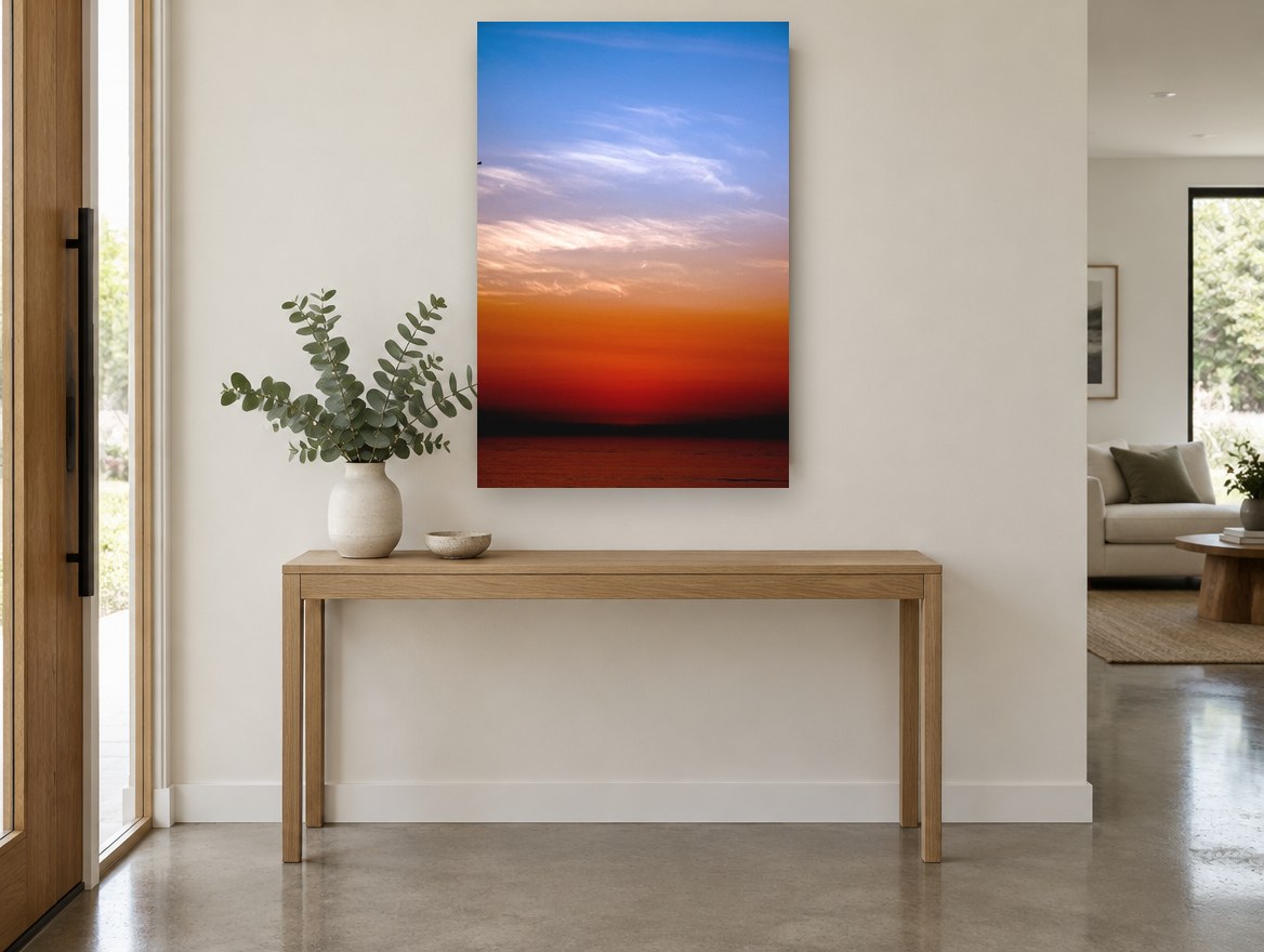 Lone Bird Dusk coastal canvas print on the wall of a entry hall