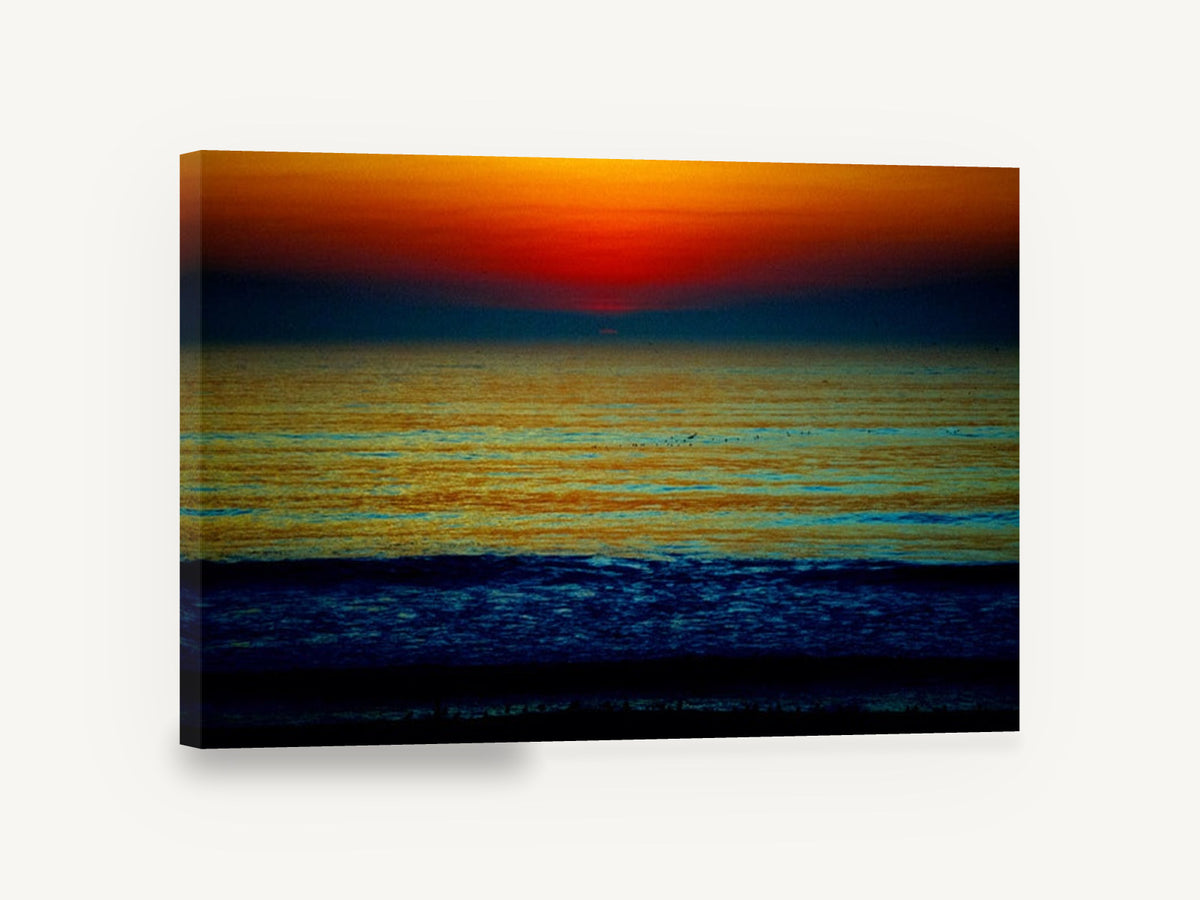 Ember Horizon Tide, deep sunset ocean seascape photograph, coastal canvas wall art print ready to hang