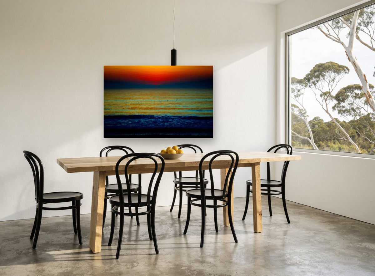 Ember Horizon Tide coastal canvas print on the wall of a dining room