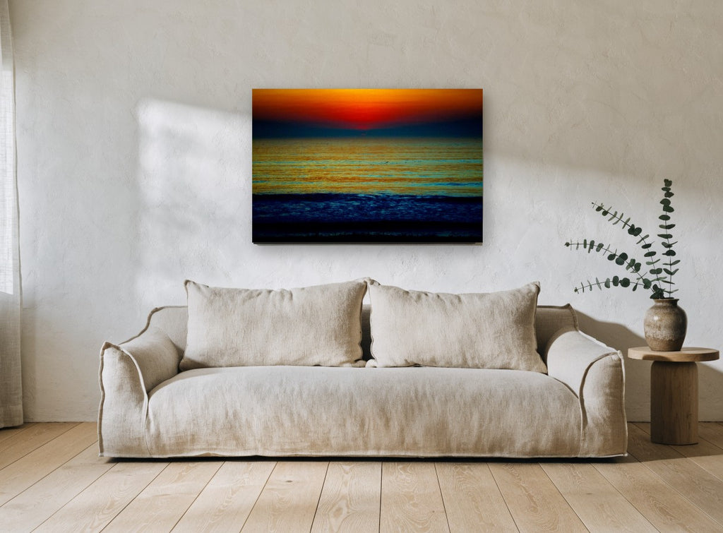 Ember Horizon Tide coastal canvas print on the wall of a living room