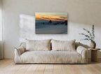 Dusk Rocks Silk Tide coastal canvas print on the wall of a living room
