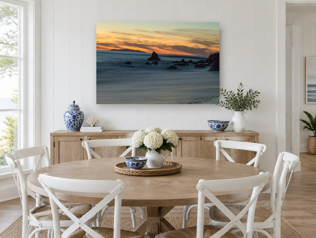 Dusk Rocks Silk Tide coastal canvas print on the wall of a Hamptons dining room