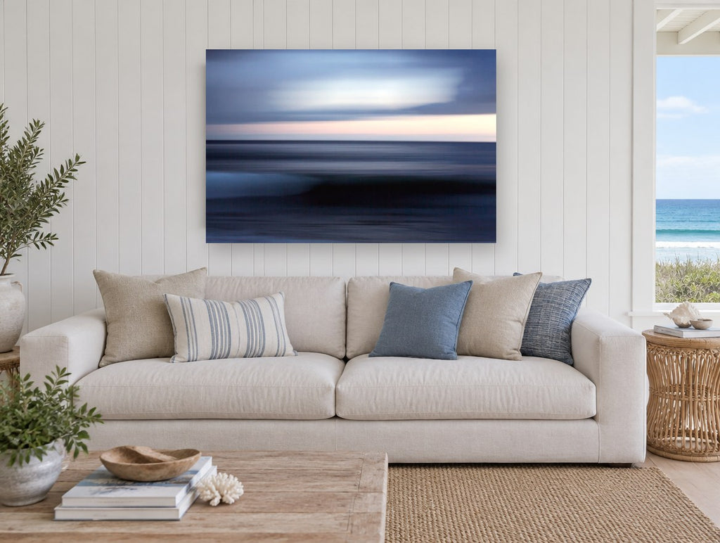 Dusk Blur Horizon coastal canvas print on the wall of a beach house living room