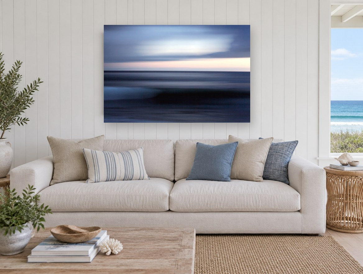 Dusk Blur Horizon coastal canvas print on the wall of a beach house living room