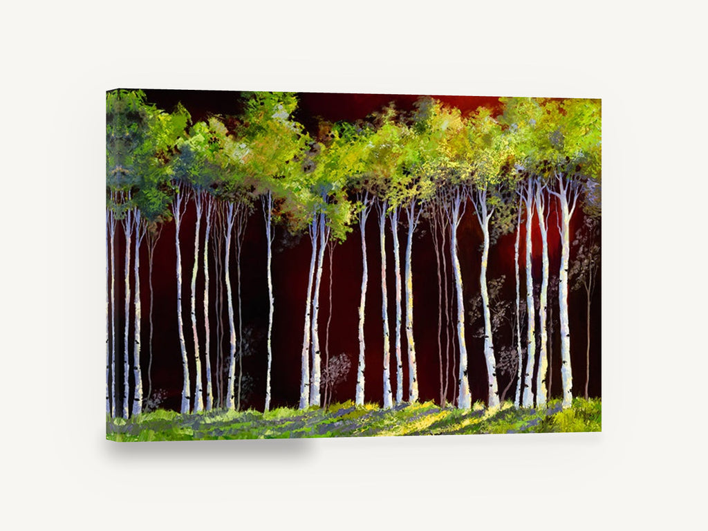 Birches Against Crimson, white birch trees red sky painting, landscape canvas wall art print ready to hang