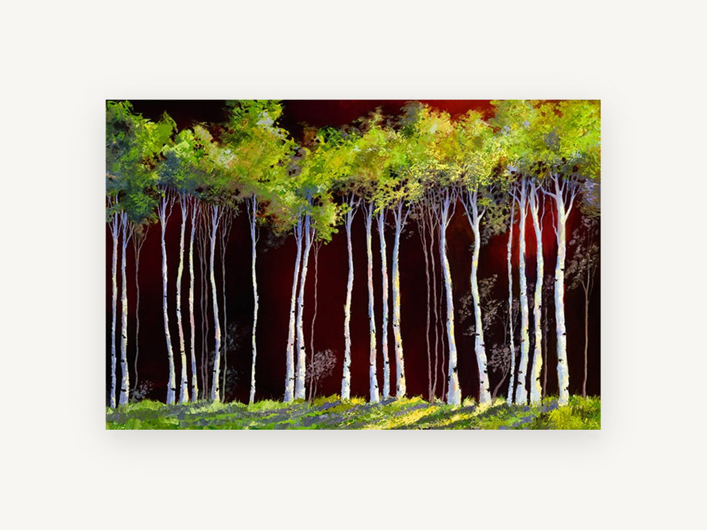 Birches Against Crimson, white birch trees red sky painting, landscape canvas wall art print, front view