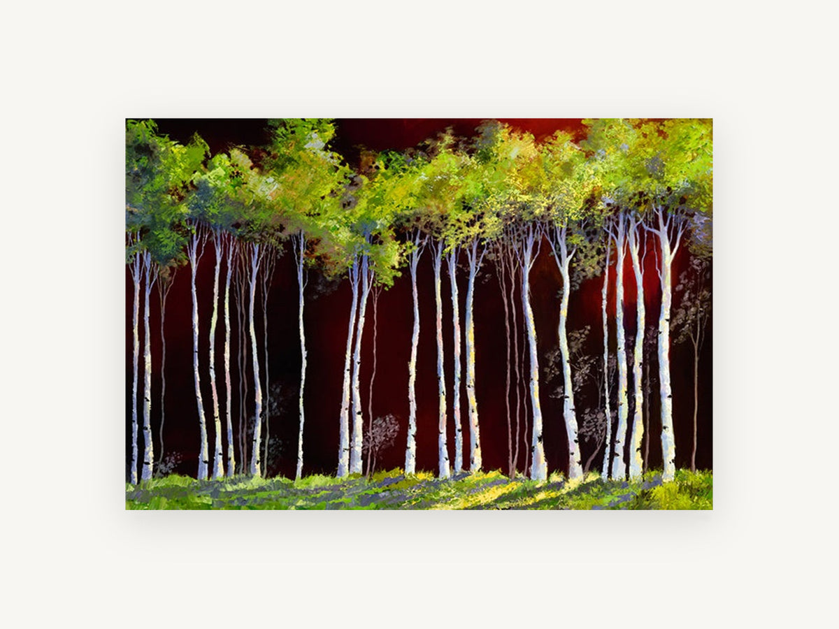 Birches Against Crimson, white birch trees red sky painting, landscape canvas wall art print, front view