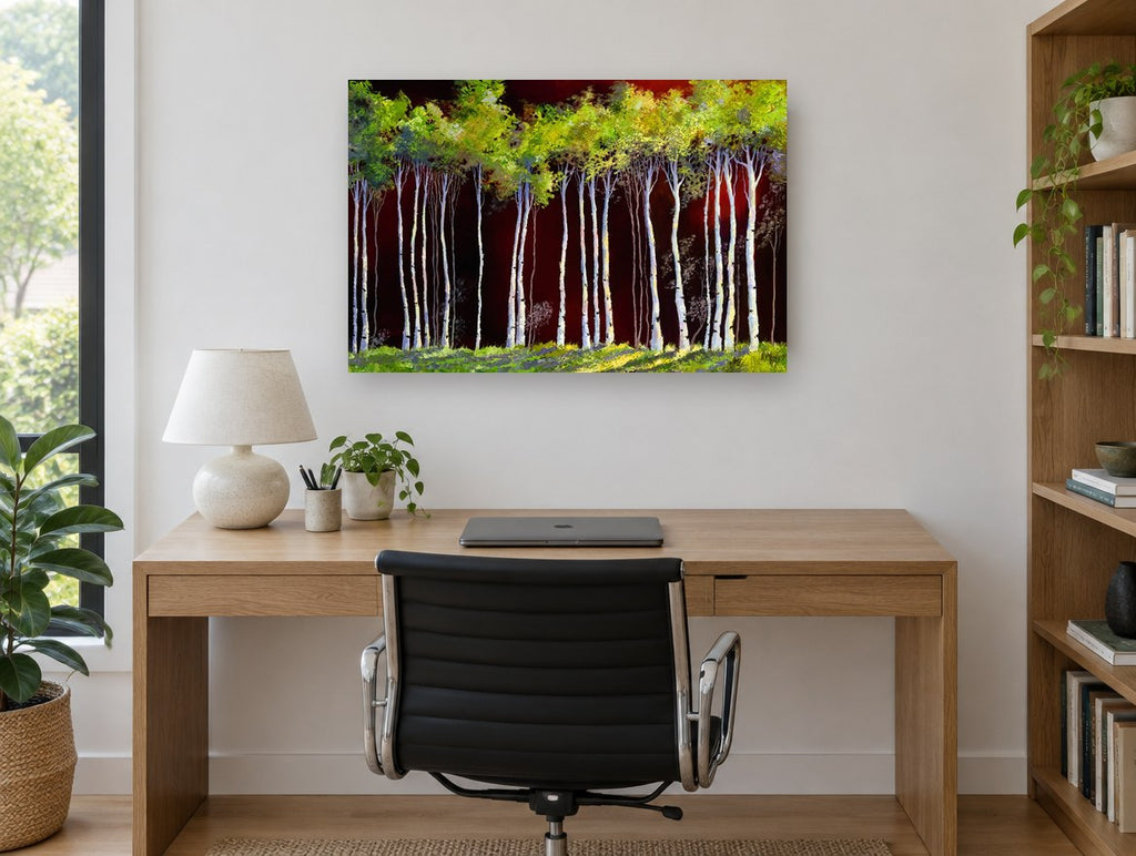 Birches Against Crimson landscape canvas print on the wall of a study