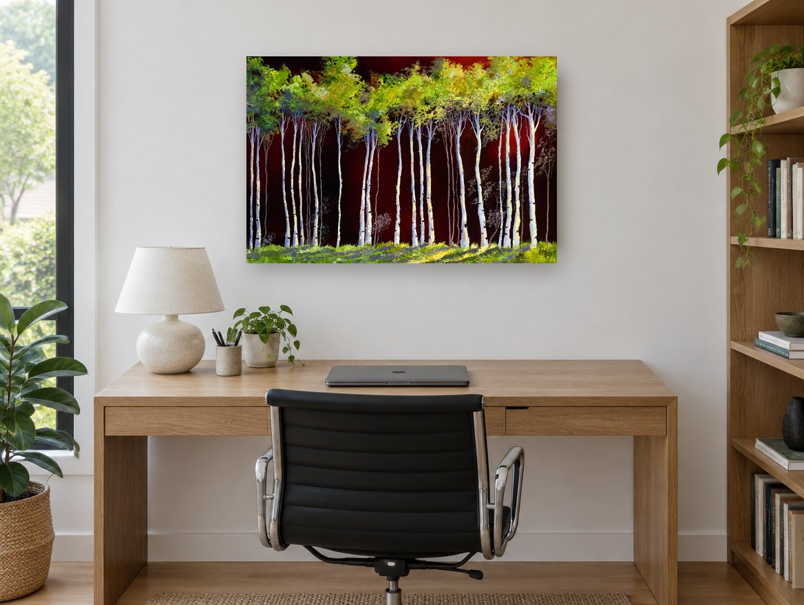 Birches Against Crimson landscape canvas print on the wall of a study