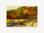 Golden Grove Clearing, autumn tree grove painterly landscape, landscape canvas wall art print, front view