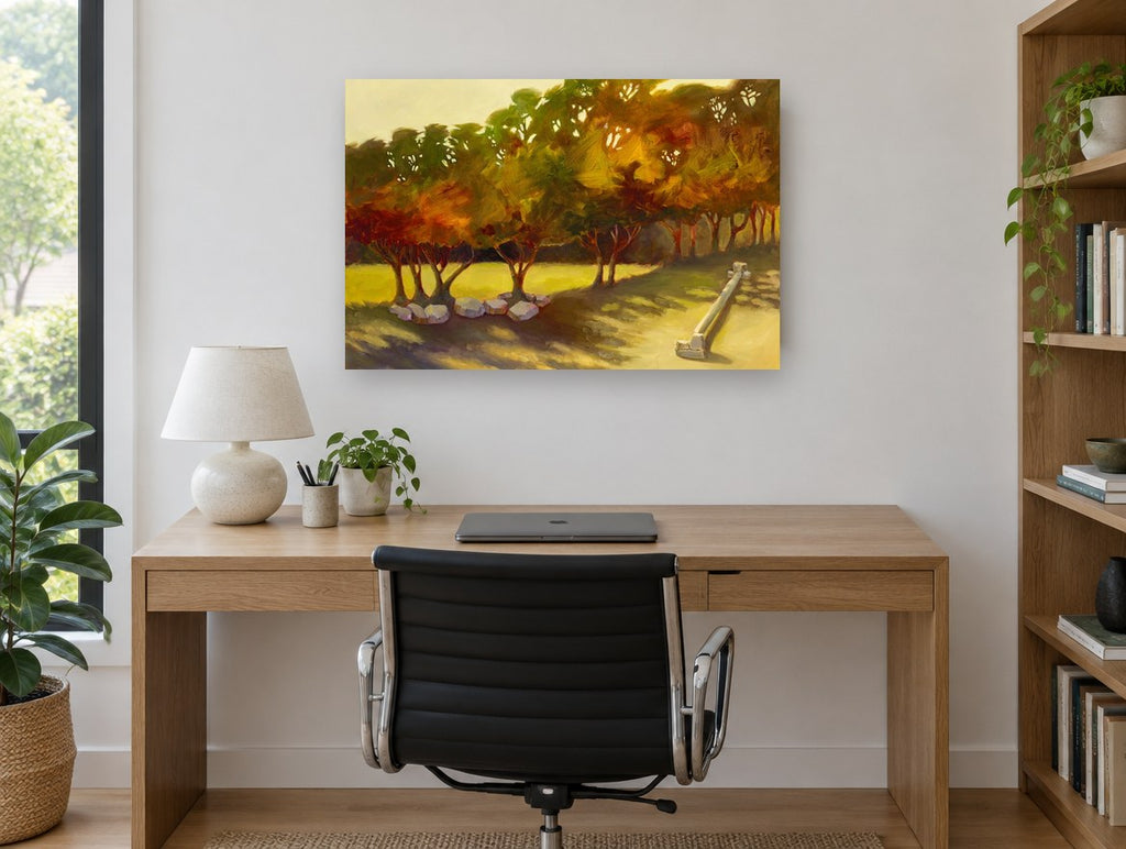 Golden Grove Clearing landscape canvas print on the wall of a study