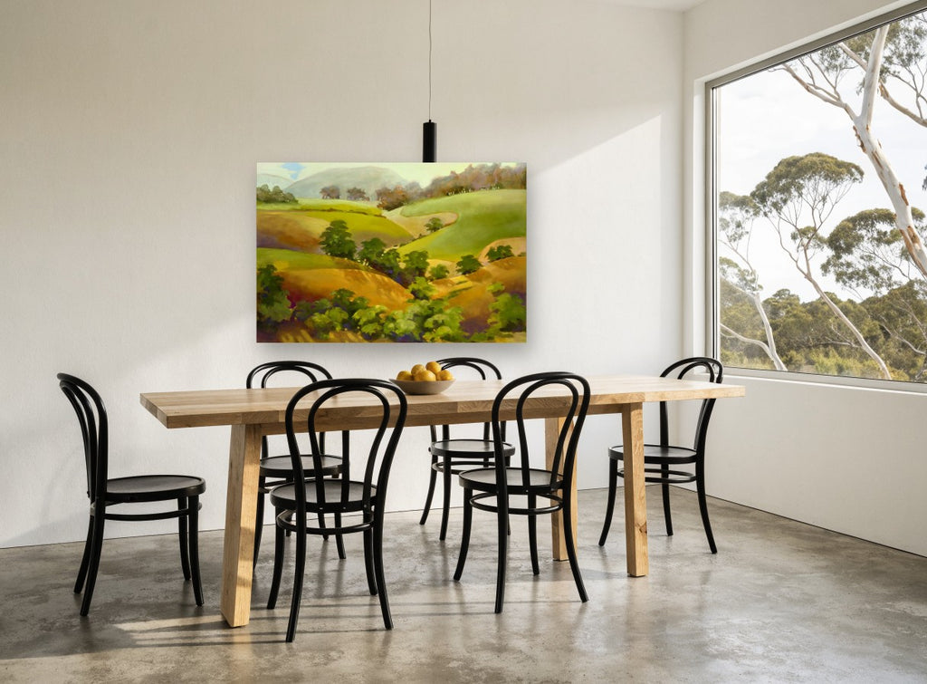 Golden Gully Hills landscape canvas print on the wall of a dining room