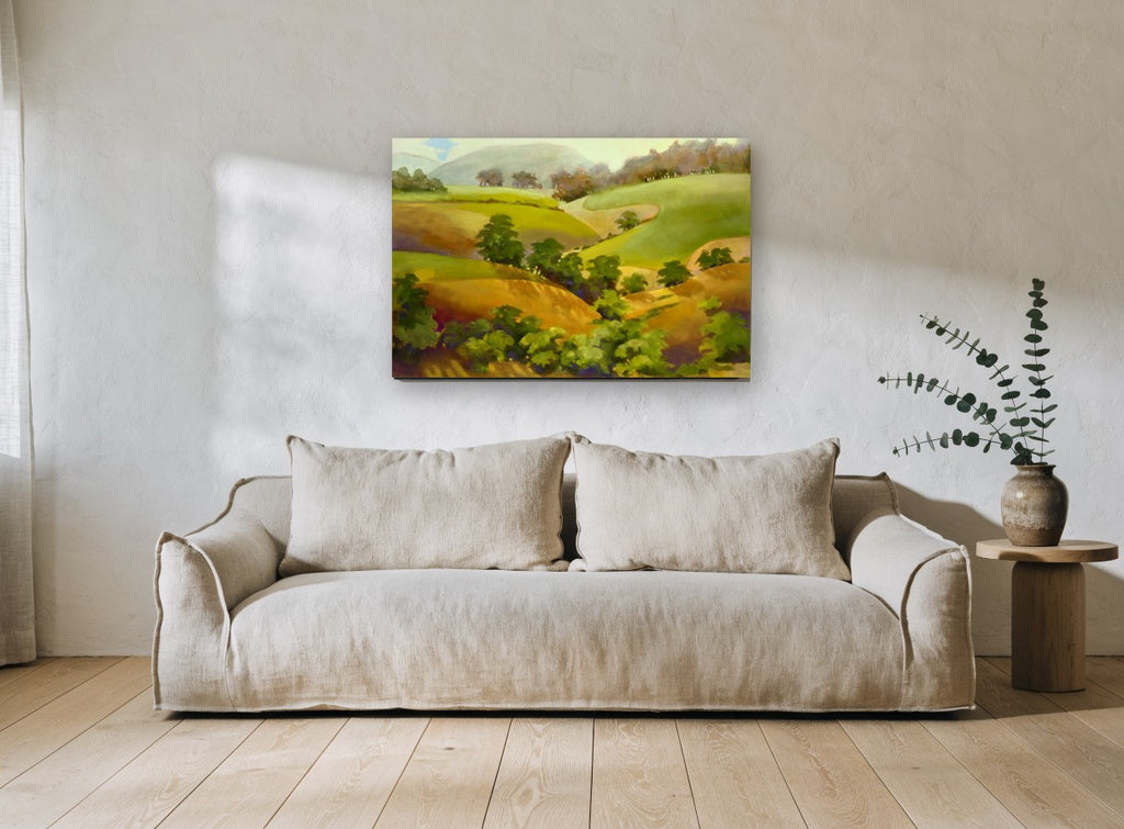 Golden Gully Hills landscape canvas print on the wall of a living room