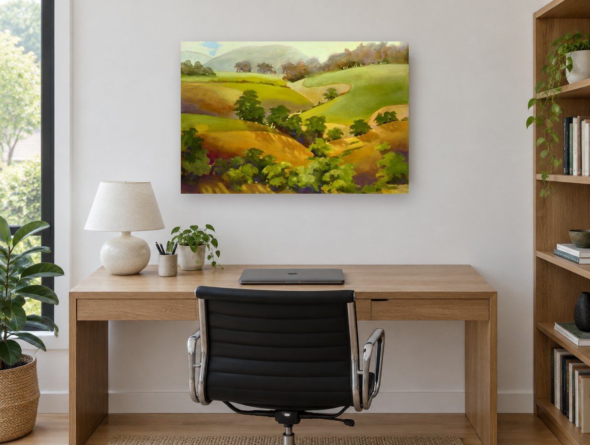 Golden Gully Hills landscape canvas print on the wall of a study