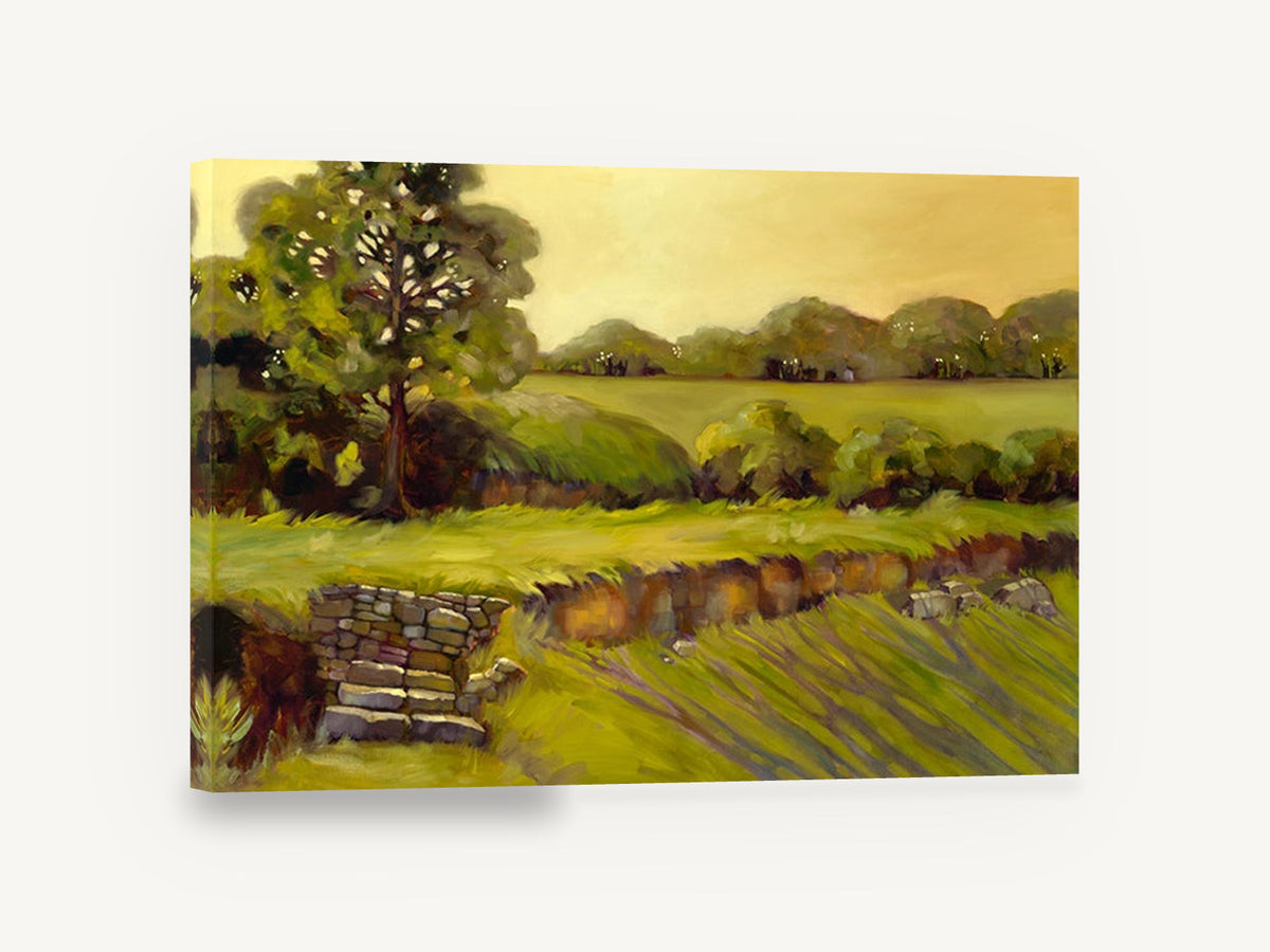 Golden Stone Wall Pasture, golden pasture stone wall landscape, landscape canvas wall art print ready to hang