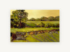 Golden Stone Wall Pasture, golden pasture stone wall landscape, landscape canvas wall art print, front view
