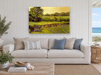 Golden Stone Wall Pasture landscape canvas print on the wall of a beach house living room