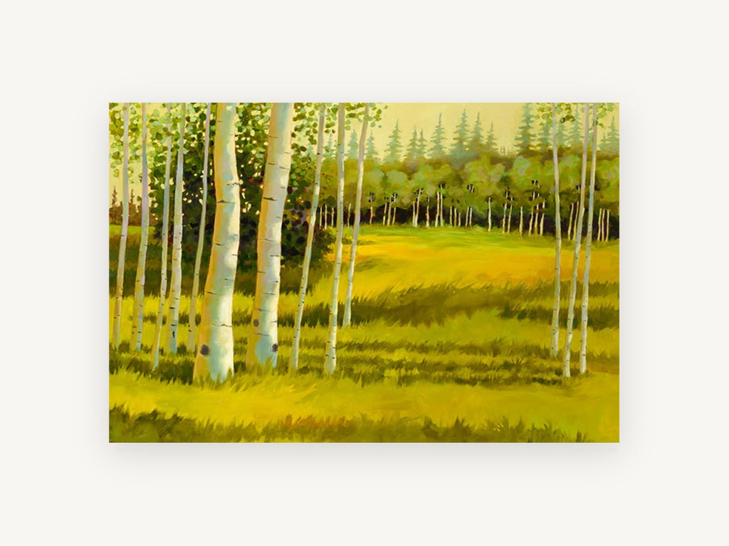 Birch Meadow Glow, sunlit birch grove meadow painting, landscape canvas wall art print, front view