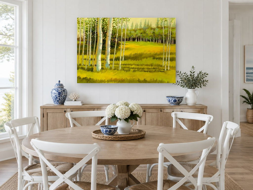 Birch Meadow Glow landscape canvas print on the wall of a Hamptons dining room