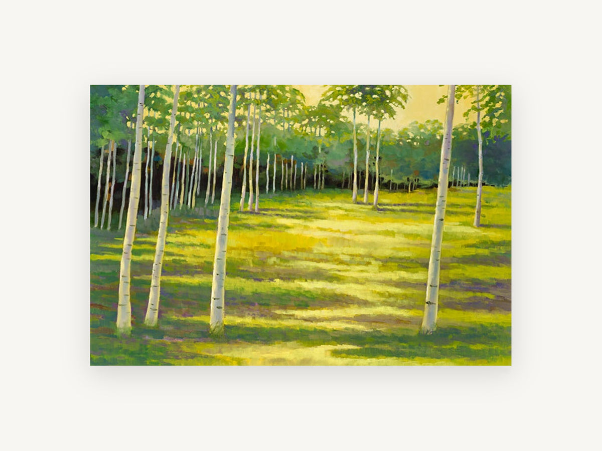 Birch Glade Light, sunlit birch grove landscape painting, landscape canvas wall art print, front view