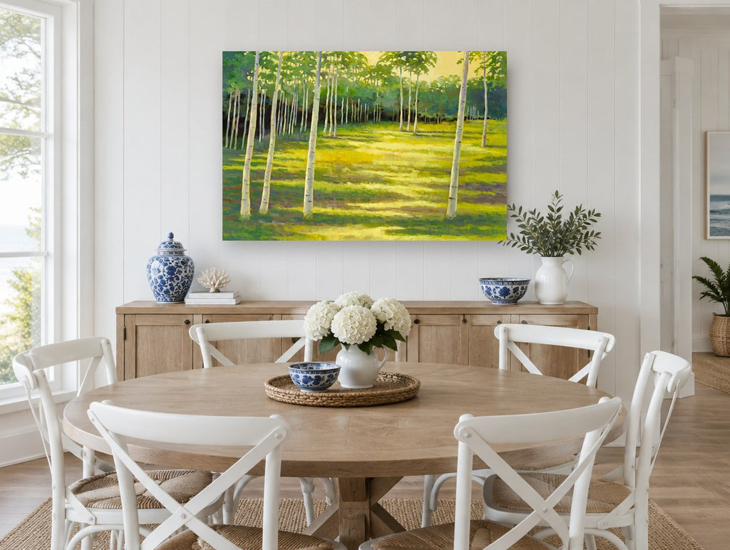 Birch Glade Light landscape canvas print on the wall of a Hamptons dining room