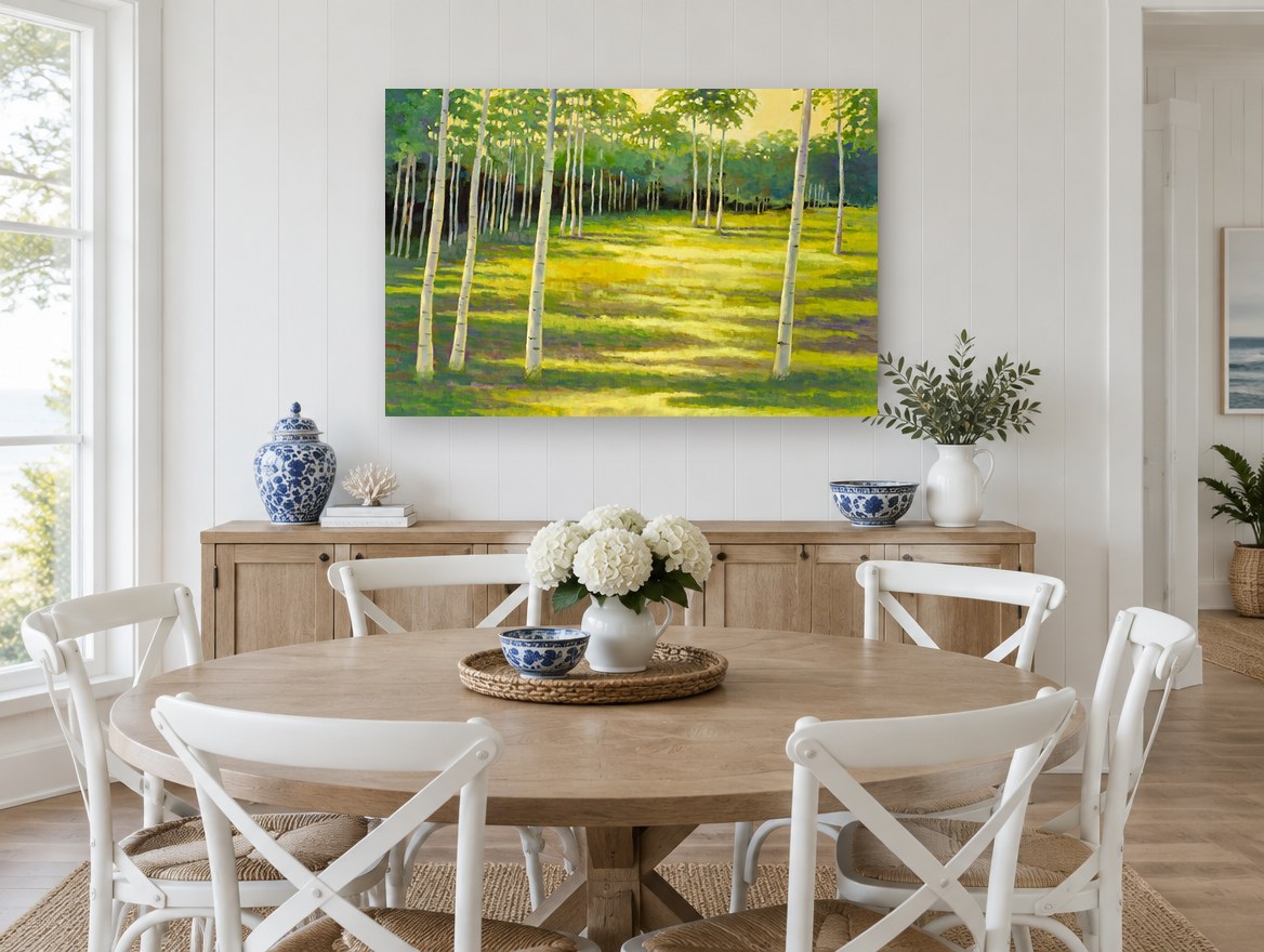 Birch Glade Light landscape canvas print on the wall of a Hamptons dining room