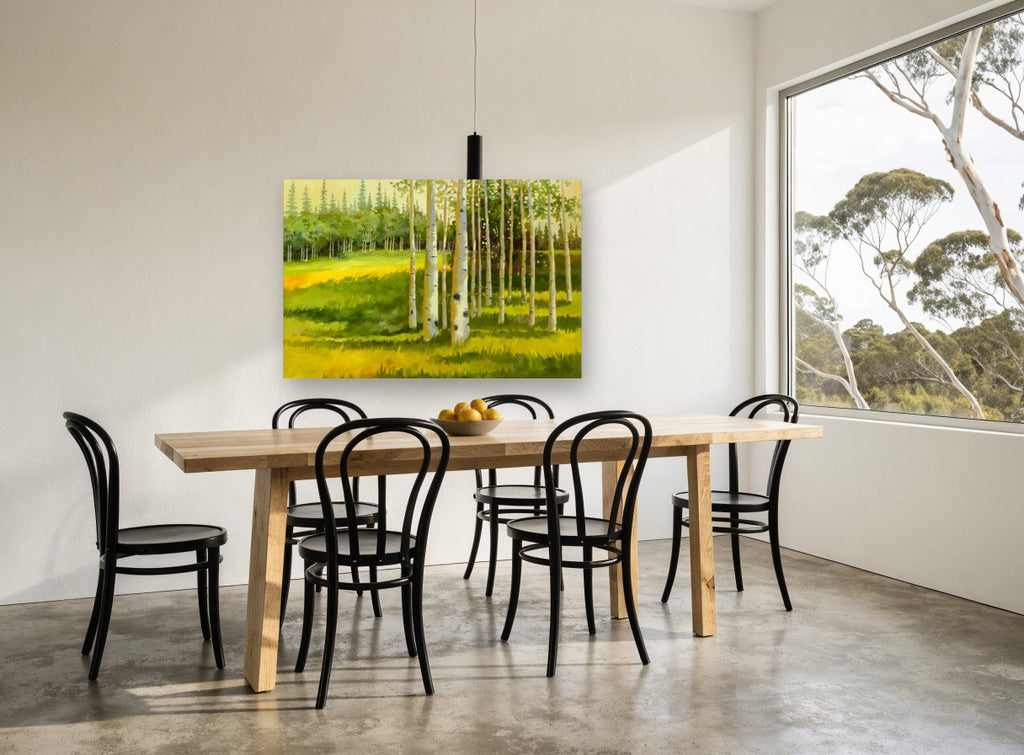 Aspen Light Meadow landscape canvas print on the wall of a dining room