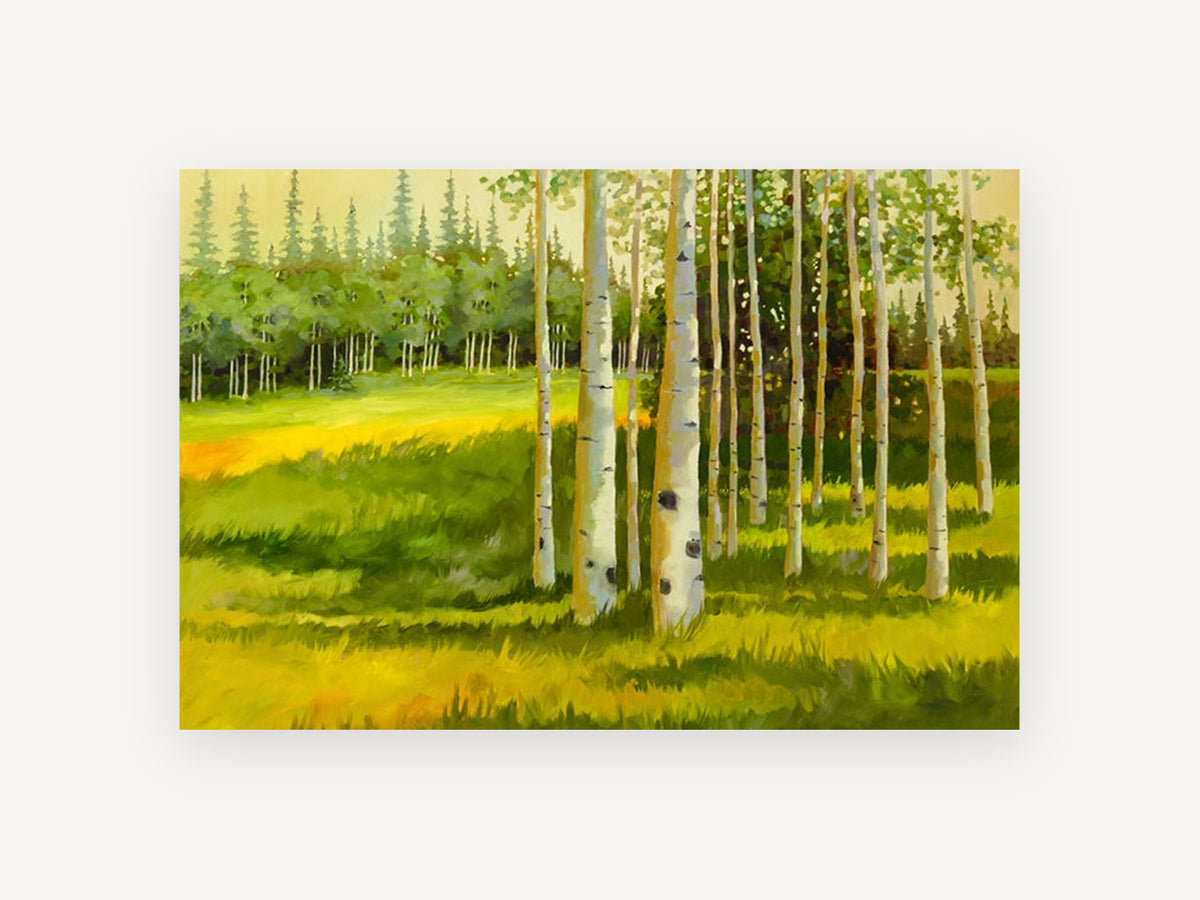 Aspen Light Meadow, birch trees sunlit meadow artwork, landscape canvas wall art print, front view