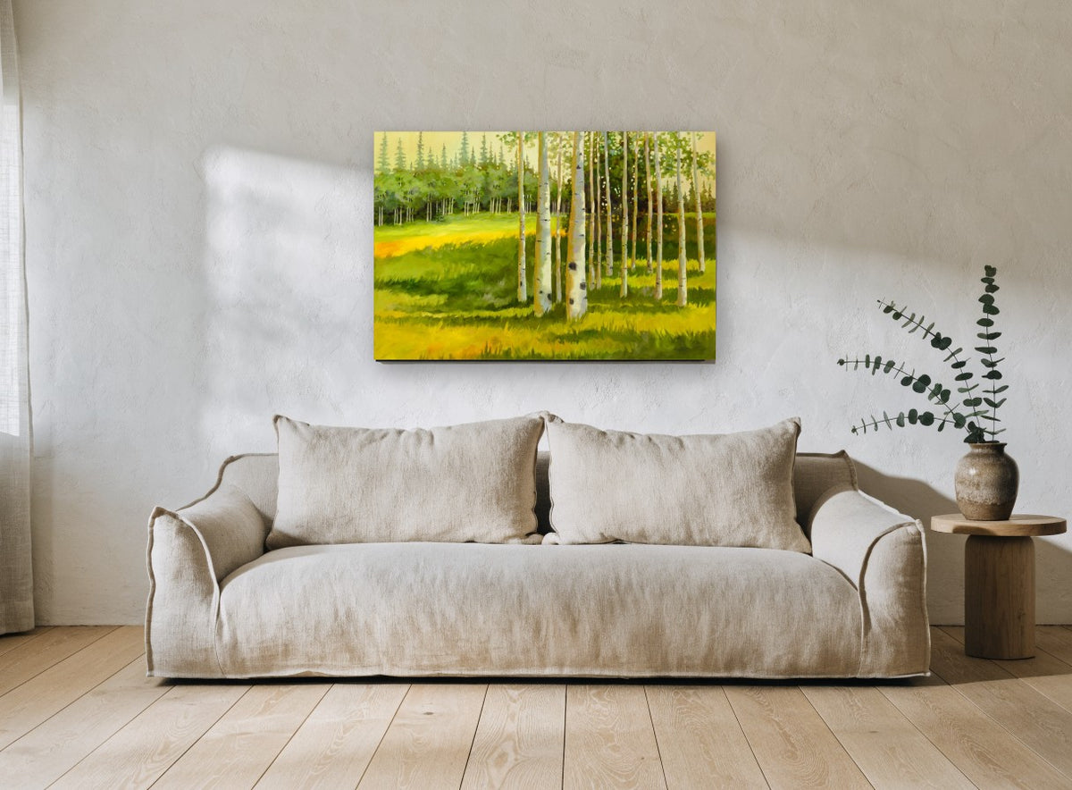 Aspen Light Meadow landscape canvas print on the wall of a living room