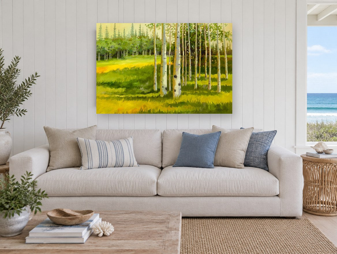 Aspen Light Meadow landscape canvas print on the wall of a beach house living room