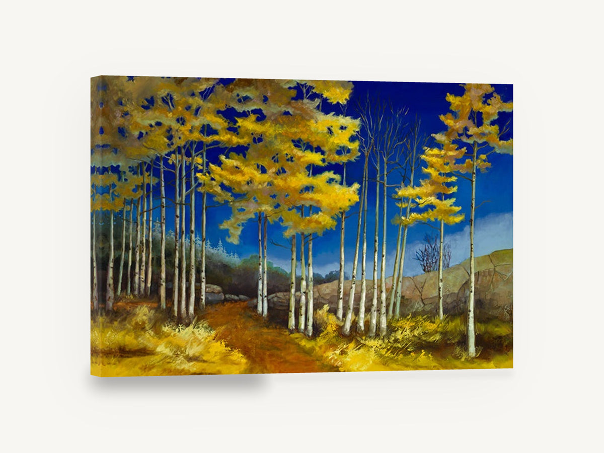 Aspens Against Cobalt, golden aspen grove autumn painting, landscape canvas wall art print ready to hang