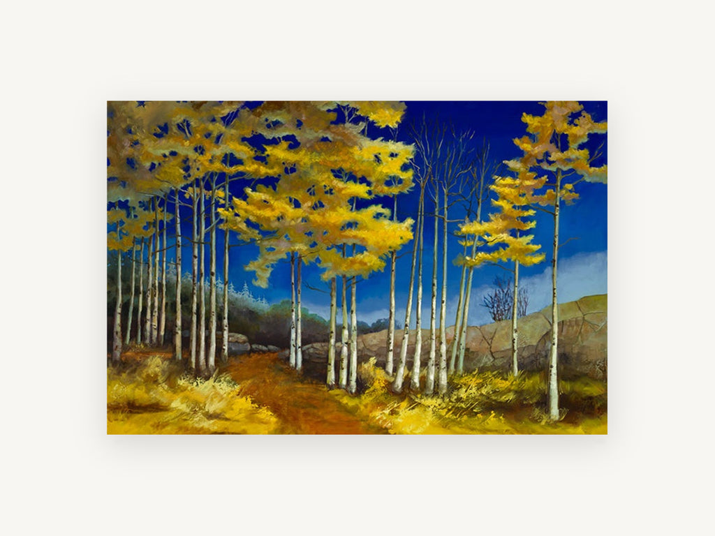 Aspens Against Cobalt, golden aspen grove autumn painting, landscape canvas wall art print, front view