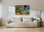 Aspens Against Cobalt landscape canvas print on the wall of a living room