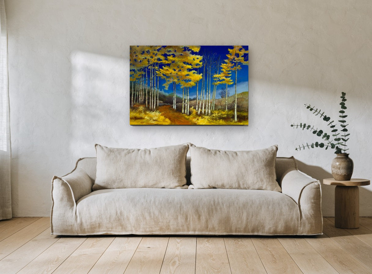 Aspens Against Cobalt landscape canvas print on the wall of a living room