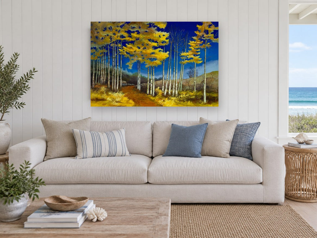 Aspens Against Cobalt landscape canvas print on the wall of a beach house living room