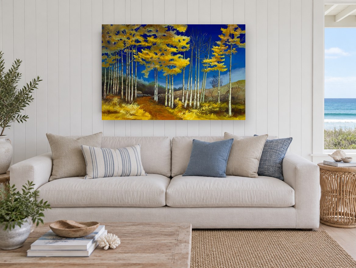 Aspens Against Cobalt landscape canvas print on the wall of a beach house living room