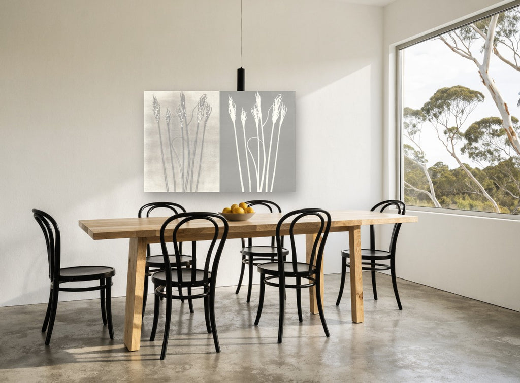 Grass Seedhead Pair floral canvas print on the wall of a dining room