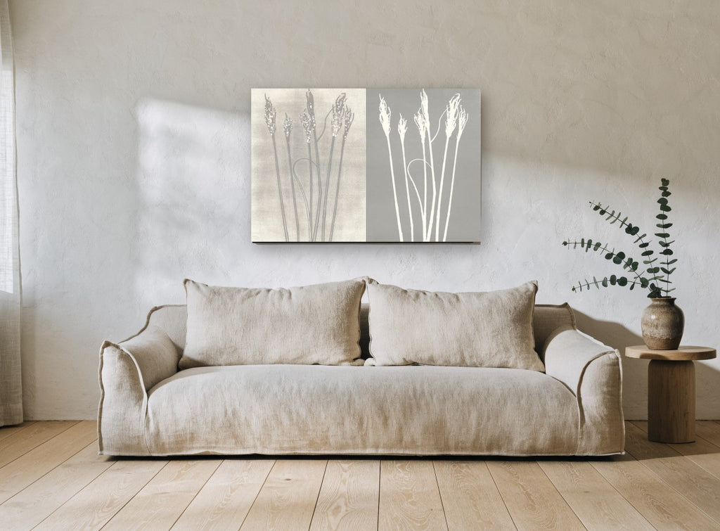 Grass Seedhead Pair floral canvas print on the wall of a living room