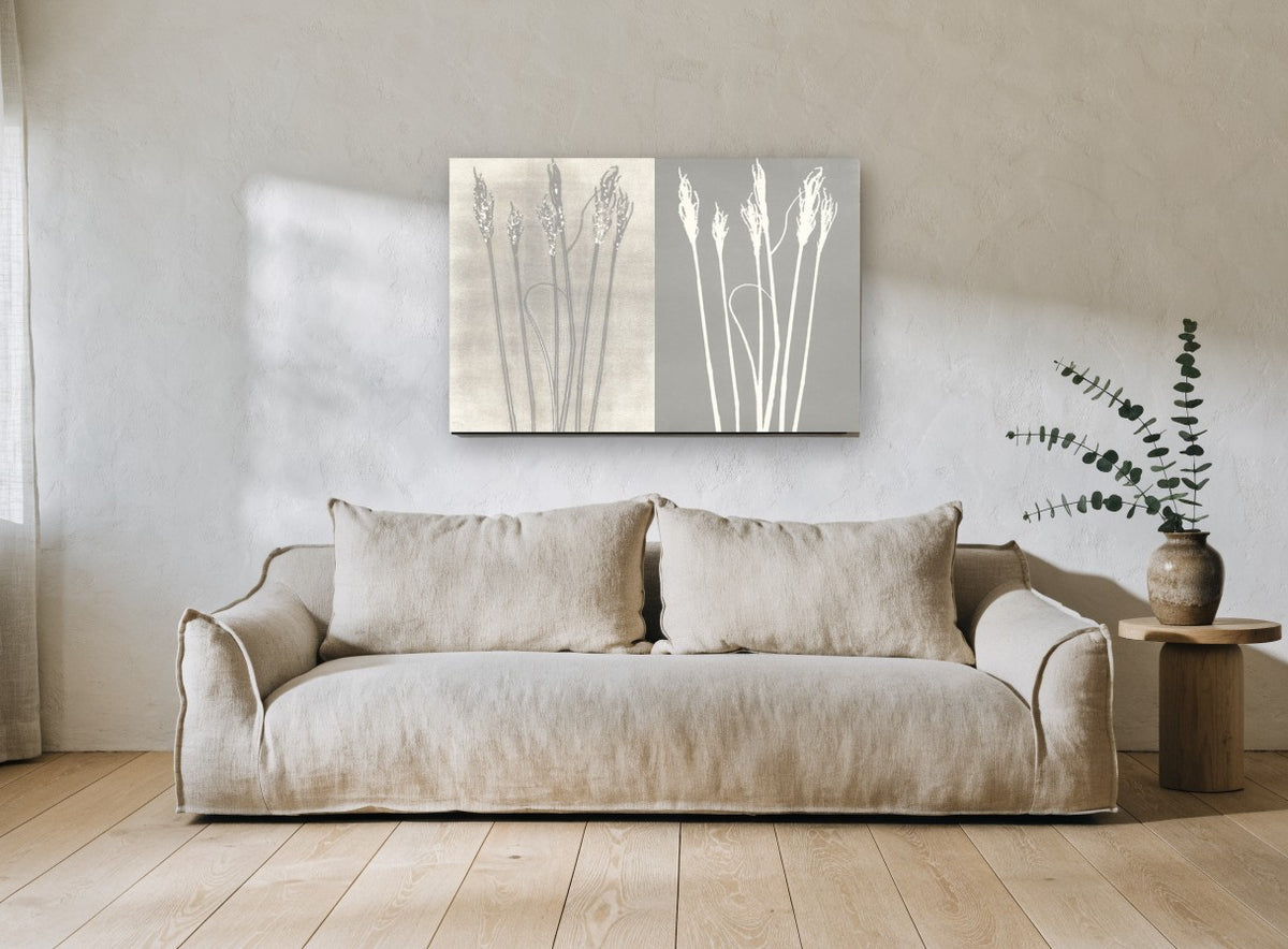 Grass Seedhead Pair floral canvas print on the wall of a living room