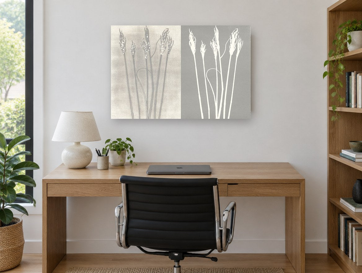Grass Seedhead Pair floral canvas print on the wall of a study