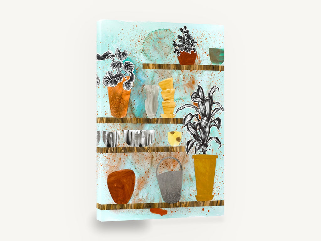 Potting Shed Shelves, potted plants on shelves collage, floral canvas wall art print ready to hang