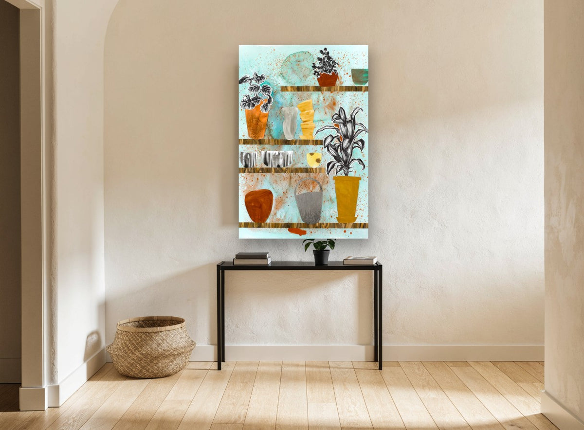 Potting Shed Shelves floral canvas print on the wall of a hallway