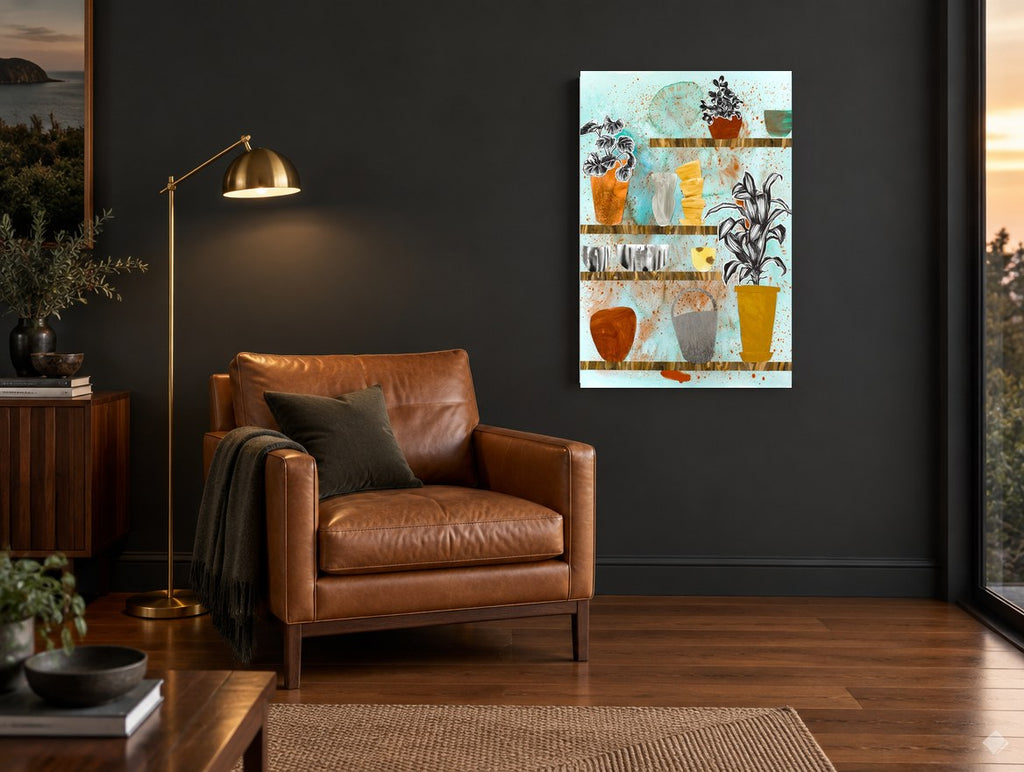 Potting Shed Shelves floral canvas print on the wall of a charcoal living room