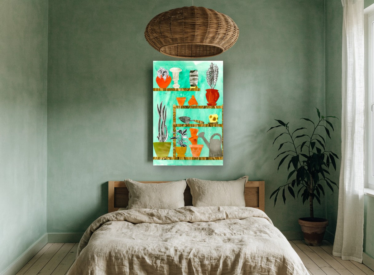 Potting Shed Shelves floral canvas print on the wall of a bedroom
